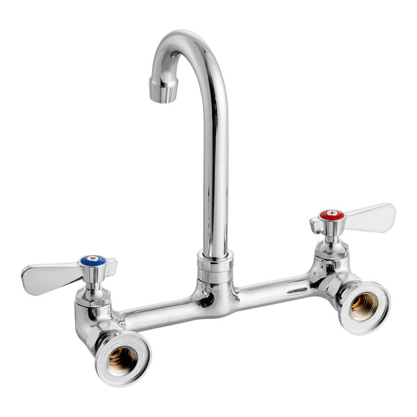 A chrome wall-mount faucet with 8-inch centers, a 3.5-inch swivel gooseneck spout, and two lever handles for hot and cold water.