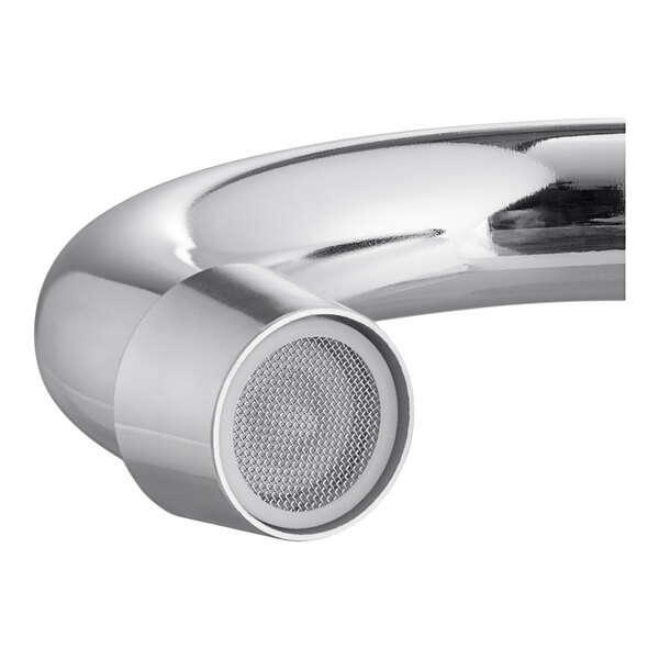 A chrome wall-mount faucet with an 8-inch center and a 3.5-inch swivel gooseneck spout.