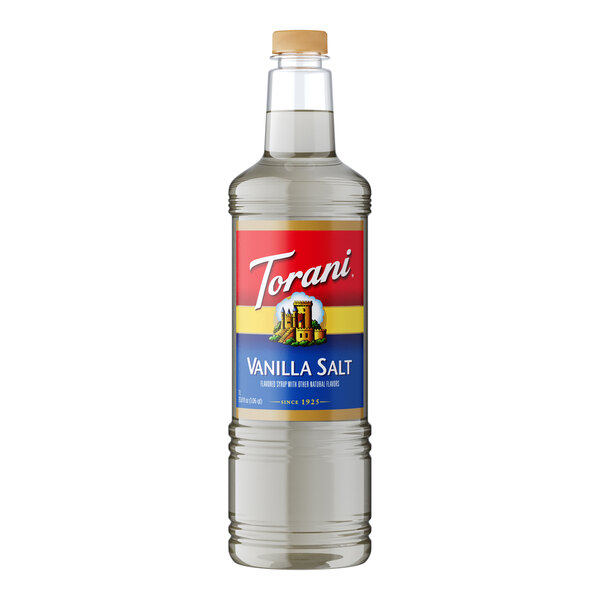 A plastic bottle of Torani Vanilla Salt flavoring syrup with a label.