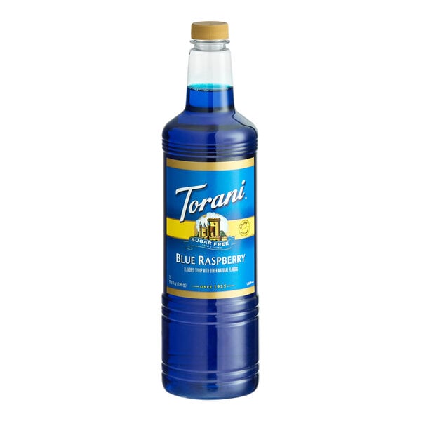 A 1-liter plastic bottle of Torani Sugar-Free Blue Raspberry flavoring syrup.