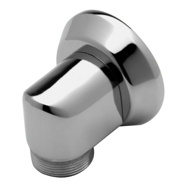 A close-up of a shiny chrome T&S Vertically Mounted Swivel Outlet.