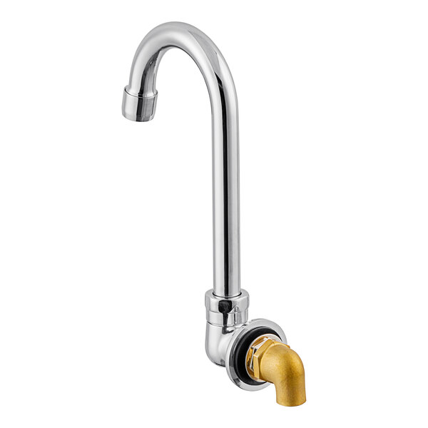 A chrome wall-mount hands-free faucet with a curved spout and brass connector, designed for specific Regency sink models.