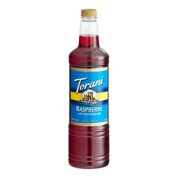 A 1-liter plastic bottle of Torani Sugar-Free Raspberry flavoring syrup.