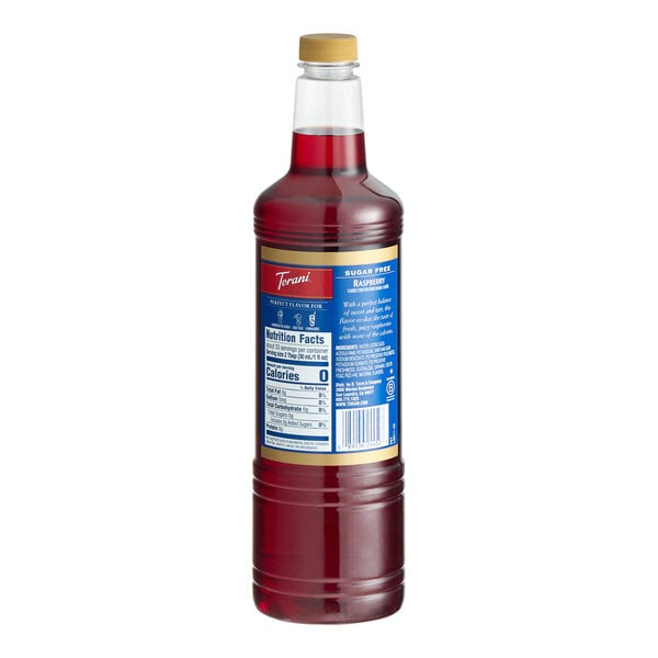 A 1-liter plastic bottle of Torani Sugar-Free Raspberry Flavoring Syrup.