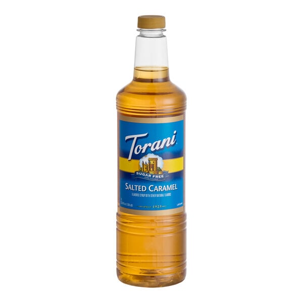 Torani Sugar-Free Salted Caramel Flavoring Syrup Plastic Bottle 1 Liter - 6/Case