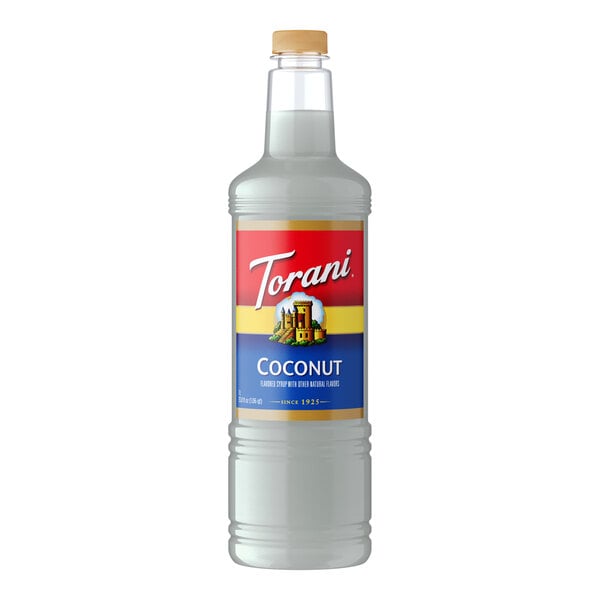 A Torani plastic bottle of coconut flavoring syrup.