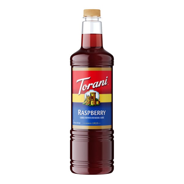 A plastic bottle of Torani Raspberry Syrup.
