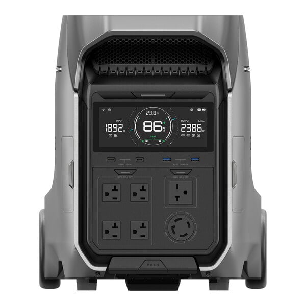 A portable lithium-ion power station with multiple outlets and a digital display.
