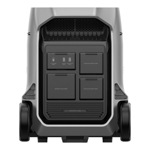 A portable power station with multiple ports and wheels for mobility.