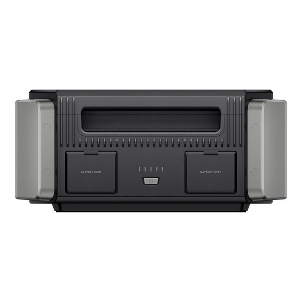 A black and gray EcoFlow DELTA Pro Ultra lithium-ion smart battery with two battery ports and a central power button.