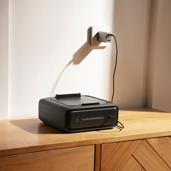 A black EcoFlow RIVER 3 Plus EFEB300 lithium-ion extra battery with 286 watt-hours capacity, shown charging on a wooden surface.