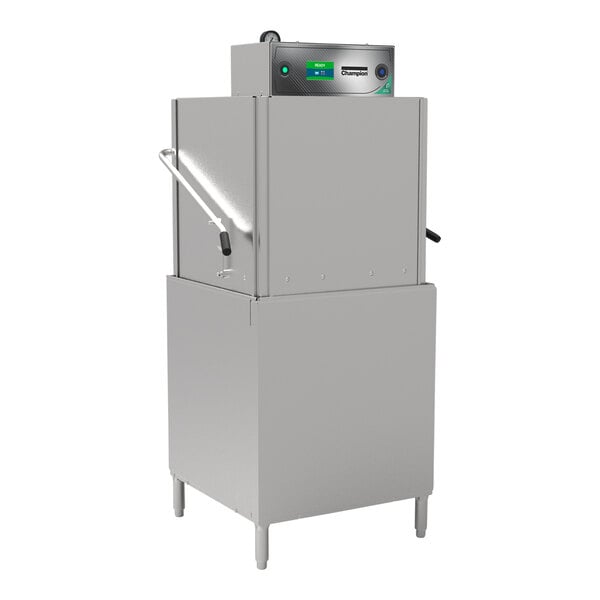A Champion DH3000 door-type dishwasher with a stainless steel door.