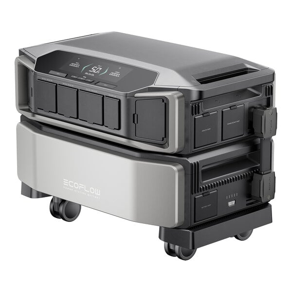 A portable EcoFlow DELTA Pro Ultra lithium-ion whole-home inverter and extra battery unit.