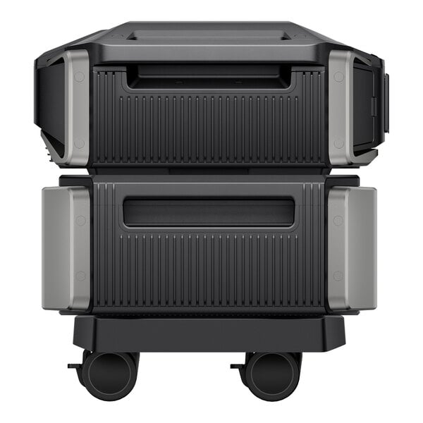 A black and gray portable inverter and extra battery unit with wheels, designed for whole-home use.
