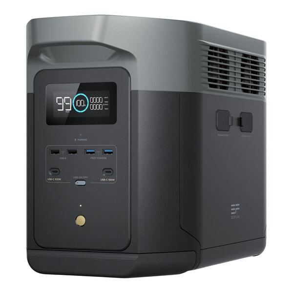 A portable lithium-ion power station with multiple USB ports, an LCD display, and ventilation grilles.