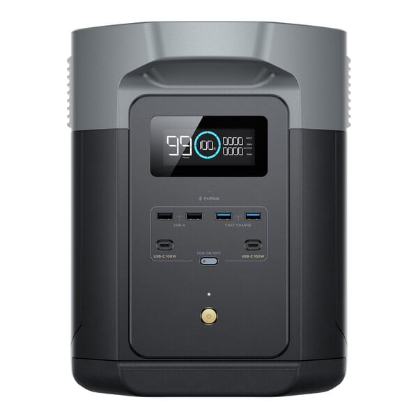 A black and gray EcoFlow DELTA 2 Max portable power station with a digital display and multiple USB ports on the front.