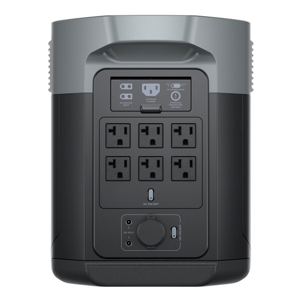 A portable power station with multiple AC outlets and control buttons on the front panel.