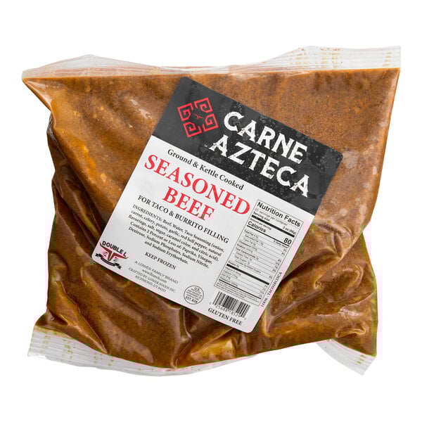 A vacuum-sealed bag of Carne Azteca seasoned beef taco filling.