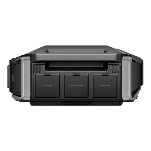 A black EcoFlow DELTA Pro Ultra portable inverter with three labeled input ports on the front.