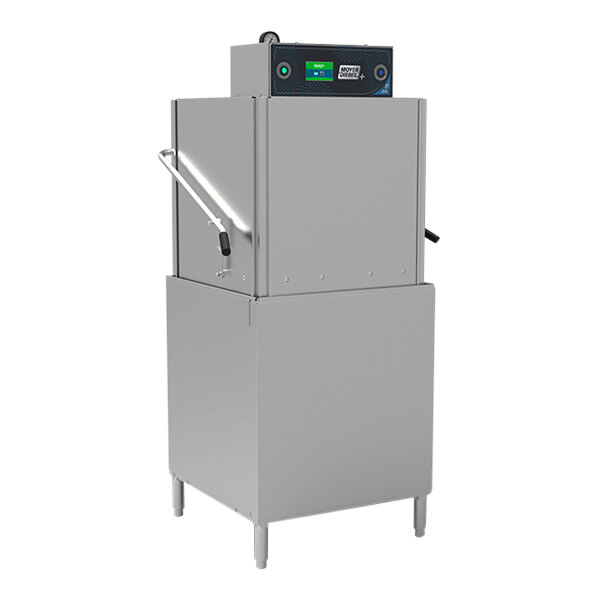 A commercial stainless steel door-type high temperature dishwashing machine with a heat-recovery system.
