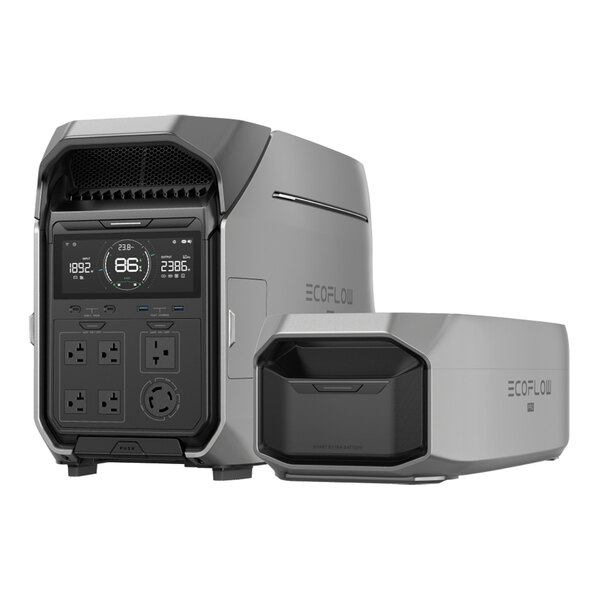 A portable power station and smart battery set from EcoFlow, featuring multiple outlets and a digital display.