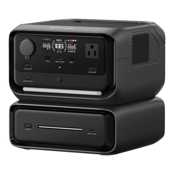 A black EcoFlow RIVER 3 Max portable power station with an extra battery attached.
