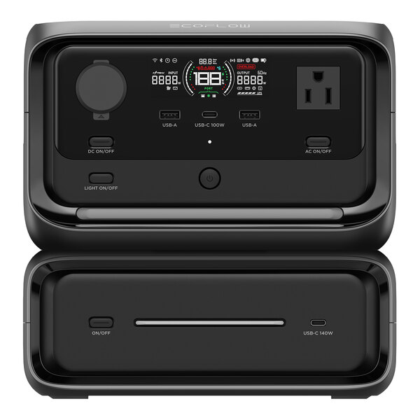 A black EcoFlow RIVER 3 Max portable power station with an extra battery, featuring multiple output ports and a digital display.