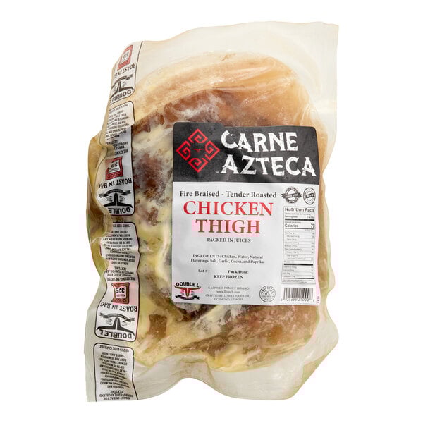 A vacuum-sealed package of Carne Azteca fire braised and tender roasted chicken thigh carnitas.