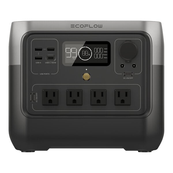 A portable lithium-ion power station with multiple outlets and a digital display.