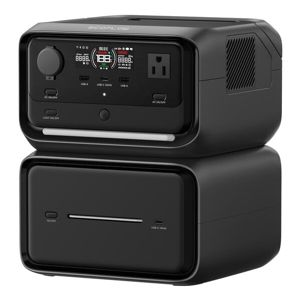 A black EcoFlow RIVER 3 Max Plus portable power station with an extra battery attached.