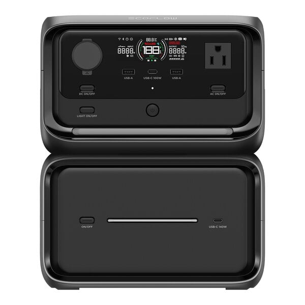 A portable power station with an extra battery, featuring multiple output ports and a digital display.