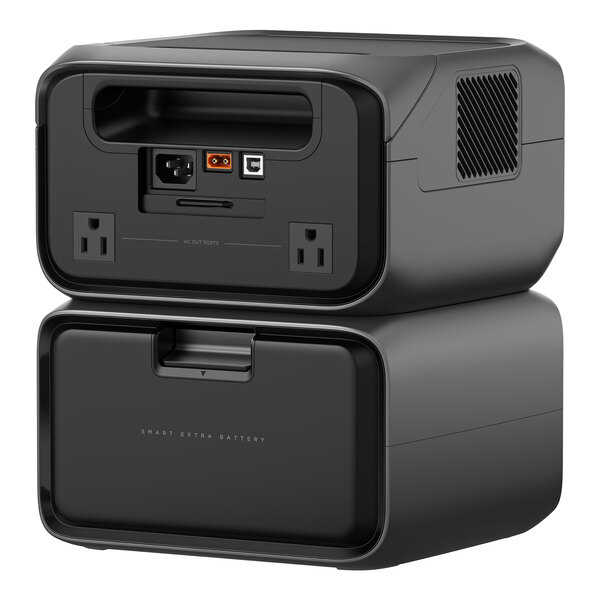 A black EcoFlow RIVER 3 Max Plus portable power station with an attached extra battery.