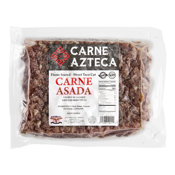 A vacuum-sealed package of Carne Azteca Carne Asada beef.