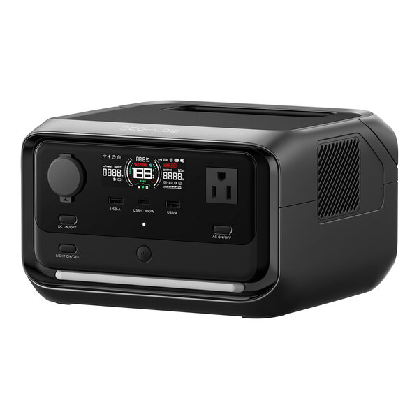A black EcoFlow RIVER 3 Plus portable lithium-ion power station with multiple output ports and a digital display.