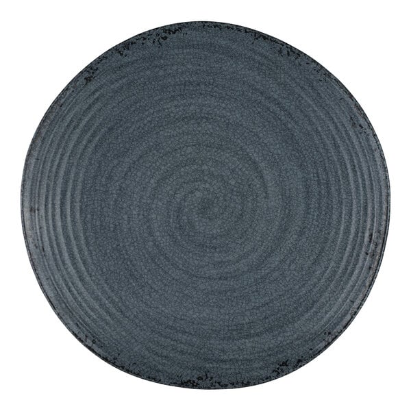 A round, slate-colored melamine plate with a textured, spiral design.