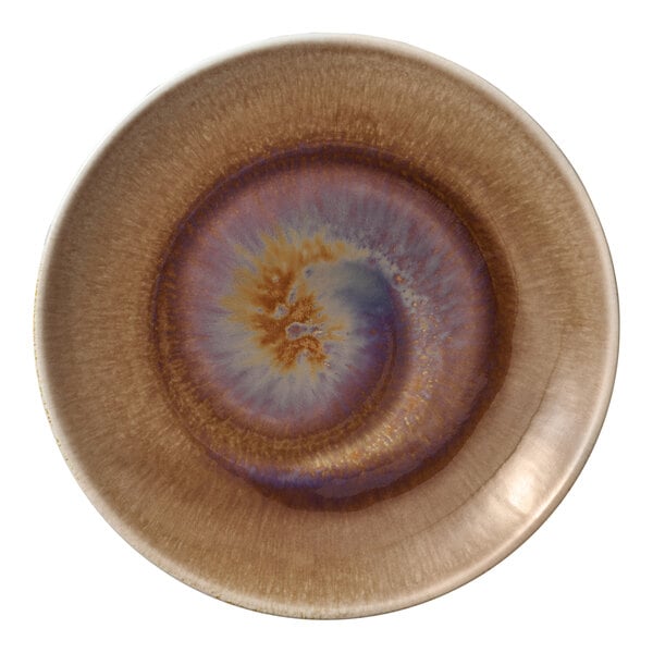 A round porcelain coupe plate with a brown and multicolored swirl design in the center.
