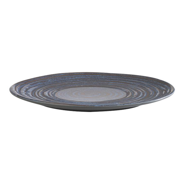A round, flat, dark-colored melamine plate with a subtle concentric loop pattern.