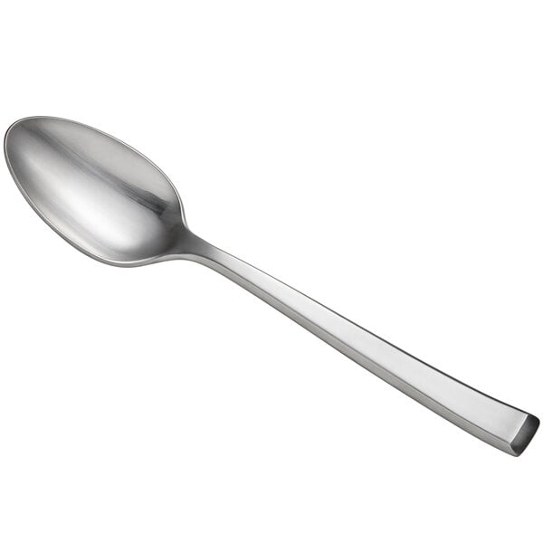 A stainless steel teaspoon with a satin finish and a simple, modern design.