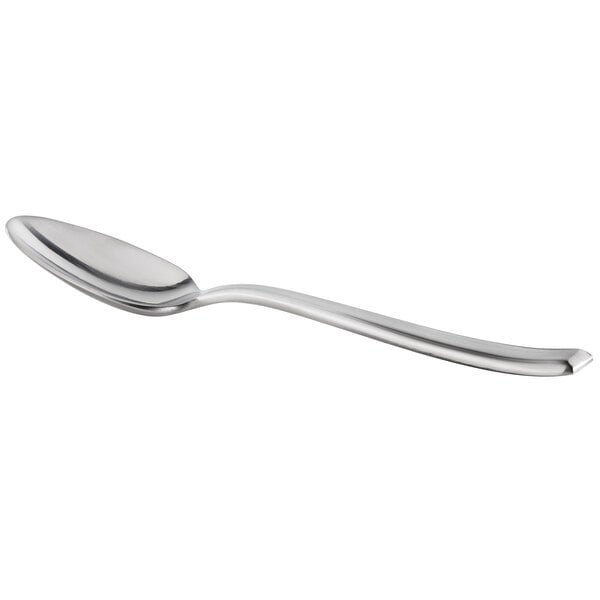 A stainless steel extra heavy weight teaspoon with a satin finish and a slightly curved handle.