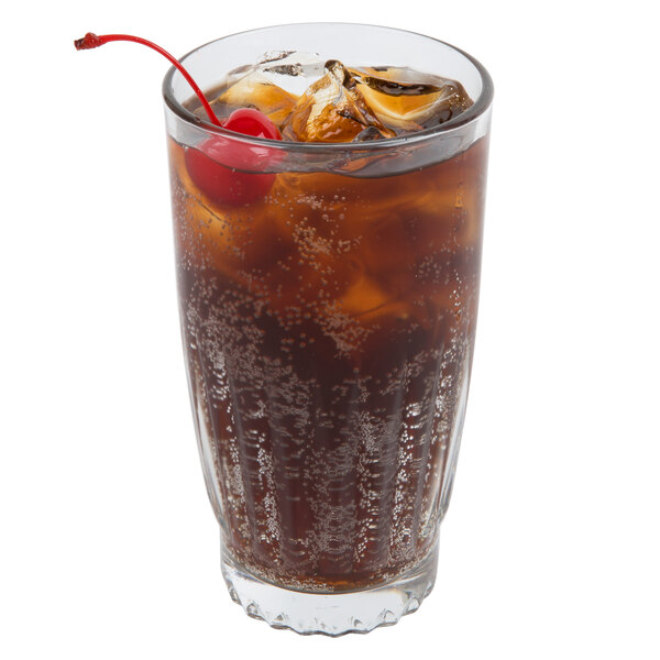 A clear 12 oz. beverage glass filled with a dark soda, ice, and garnished with a cherry.
