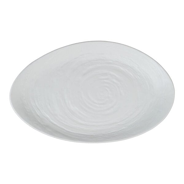 A large white oval melamine platter with a subtle textured pattern.