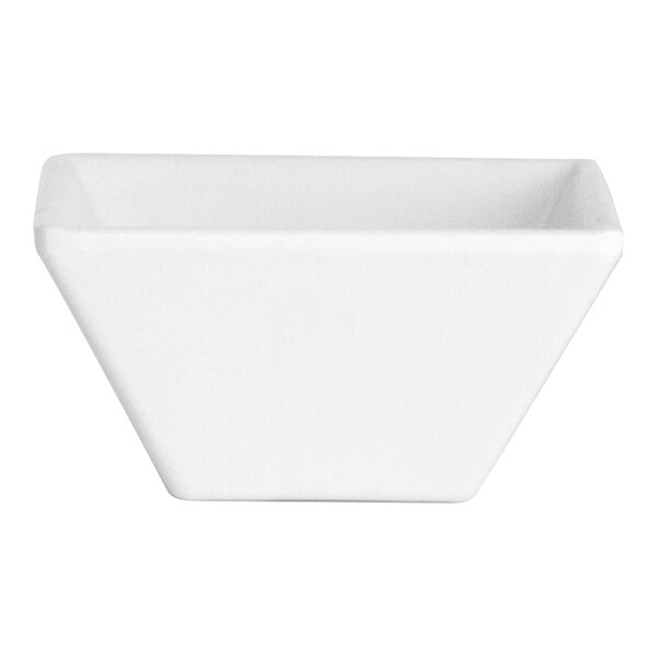 A small, white, square-shaped melamine bowl.