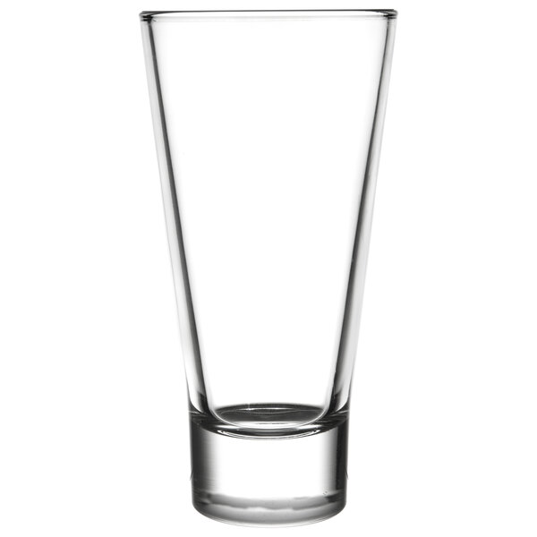 A clear, tall highball glass with a thick base and straight sides.
