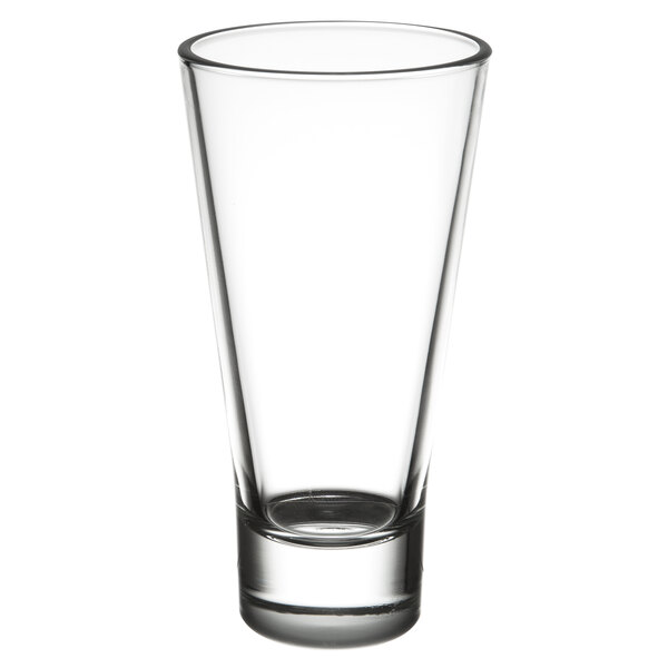 A clear, tapered highball glass with a thick base.
