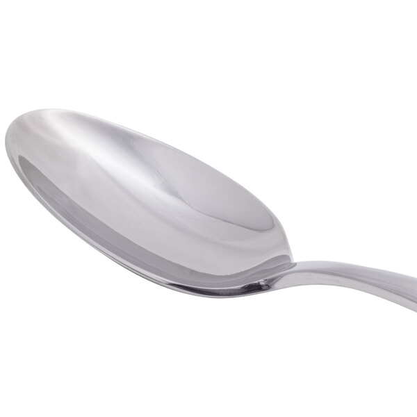 A stainless steel teaspoon with a polished finish.