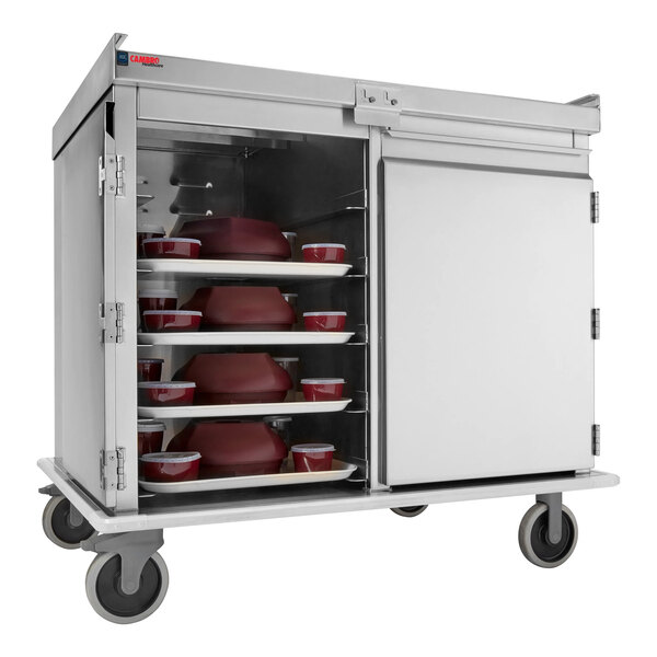 A stainless steel meal delivery cart with multiple trays and a sliding door, designed for transporting food trays.