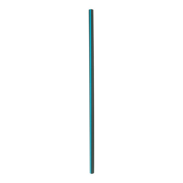 A black compostable sip straw with a blue stripe.