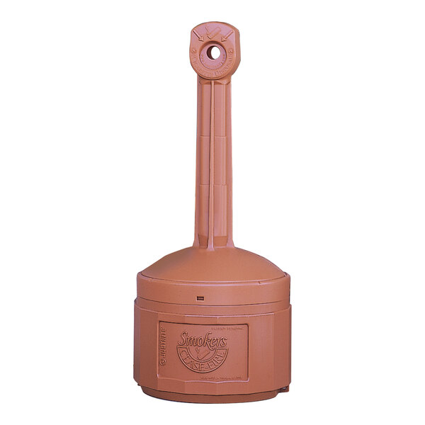 A terracotta-colored plastic outdoor ashtray designed for safely disposing of cigarette butts.