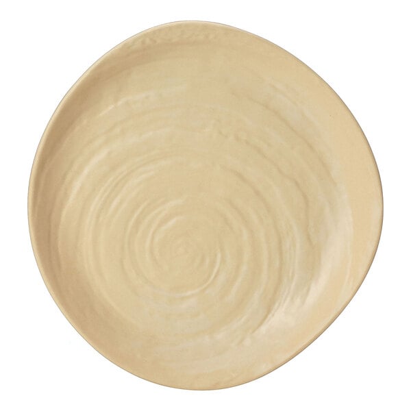 A round, beige melamine plate with a textured, slightly irregular surface.