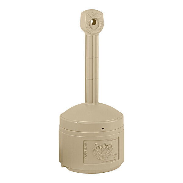 A beige plastic outdoor ashtray designed for safely disposing of cigarette butts.